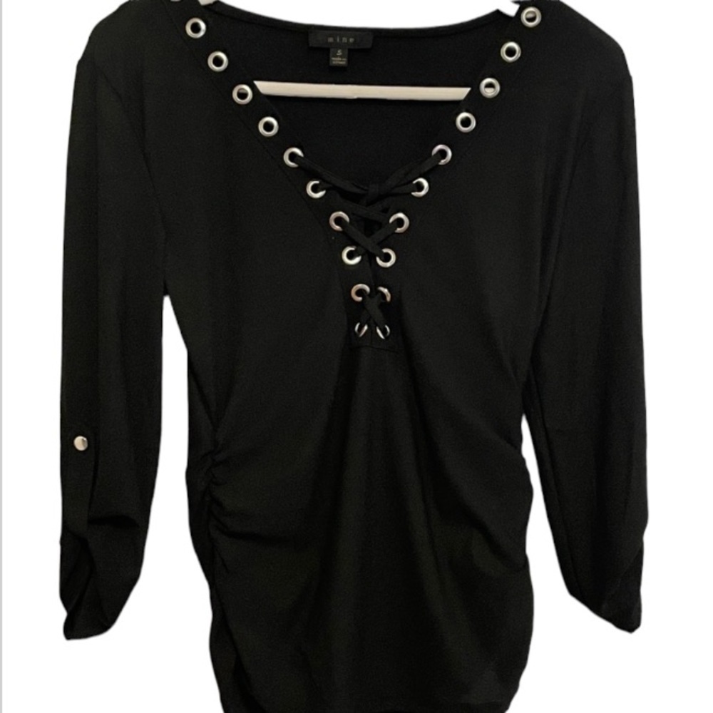 Black Grommet Lace Neck Top With Rolled Tab Sleeves and Cinch Waist Size Small